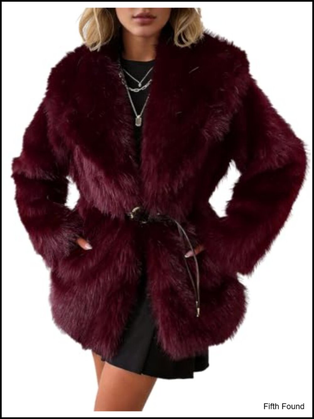 Womens Faux Fur Coat Fuzzy Belted Lapel Winter Party Jacket